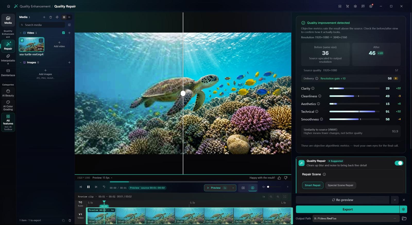 Quality Repair in KwaFlux: Smart Repair on a sea turtle clip, with the before/after slider in the preview