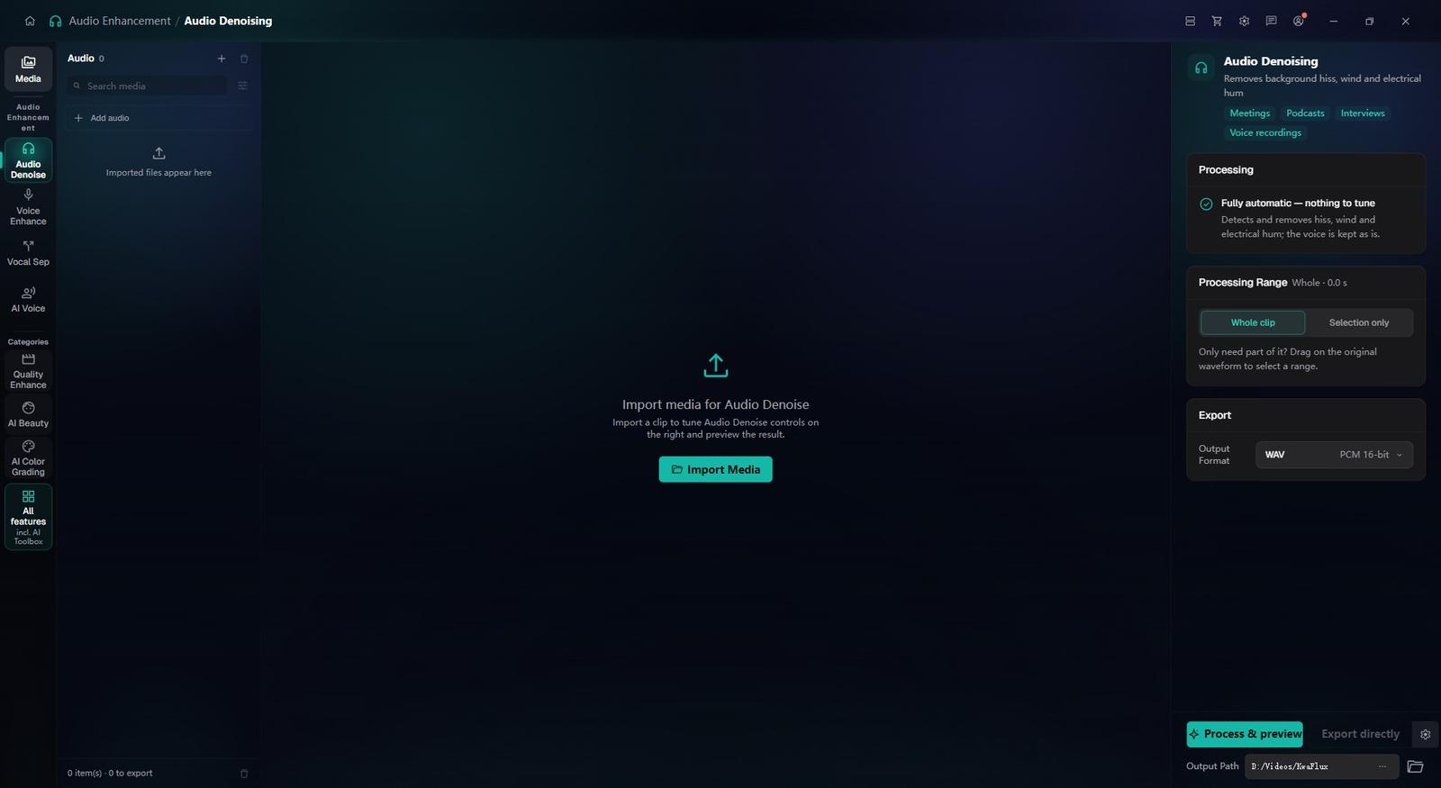 가져오기 전의 KwaFlux 오디오 노이즈 제거: 오른쪽에 완전 자동 처리, 전체 또는 선택 구간, 출력 형식