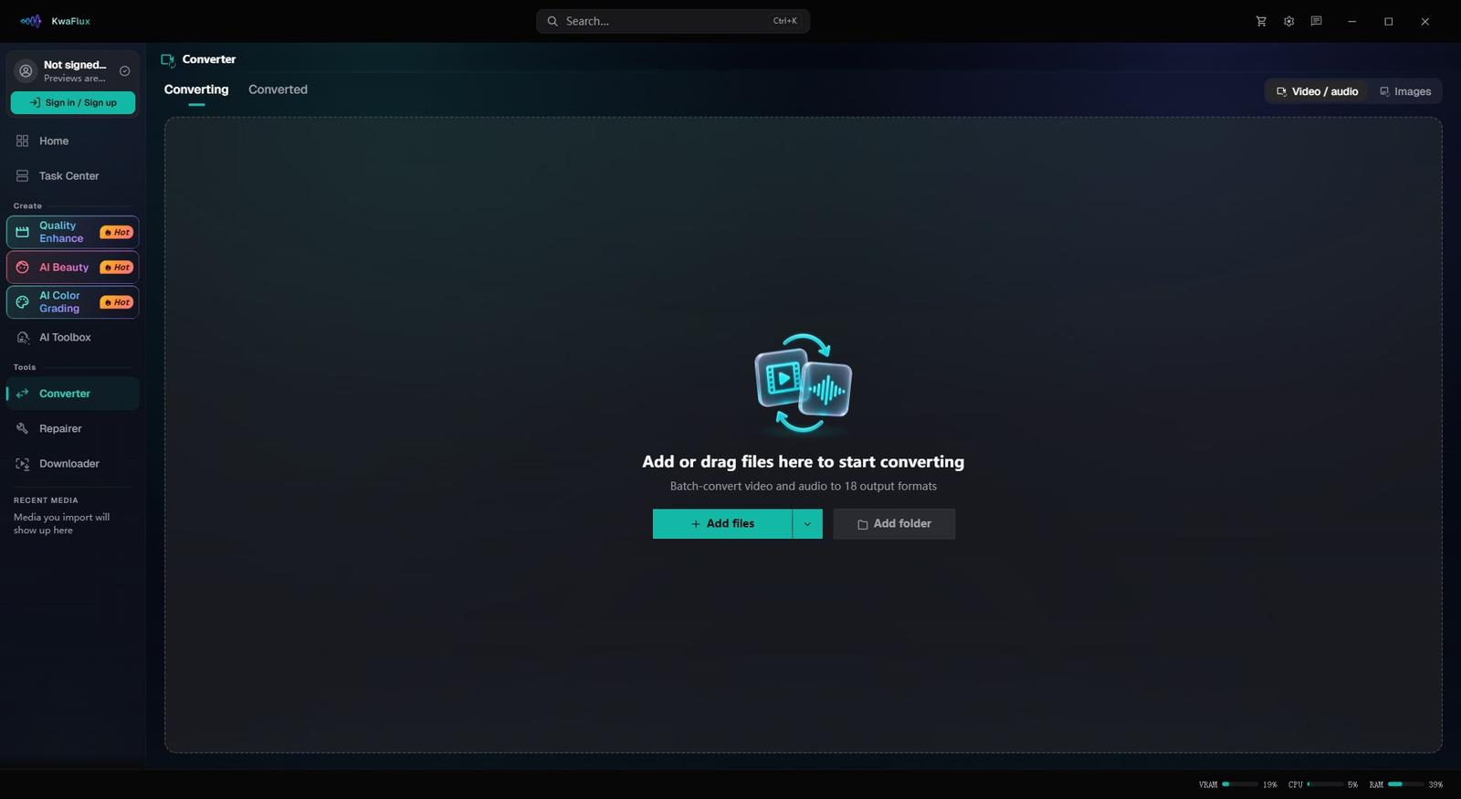 Conversor no KwaFlux antes de adicionar arquivos: um menu Adicionar arquivos, um botão Adicionar pasta e a troca entre vídeo/áudio e imagens