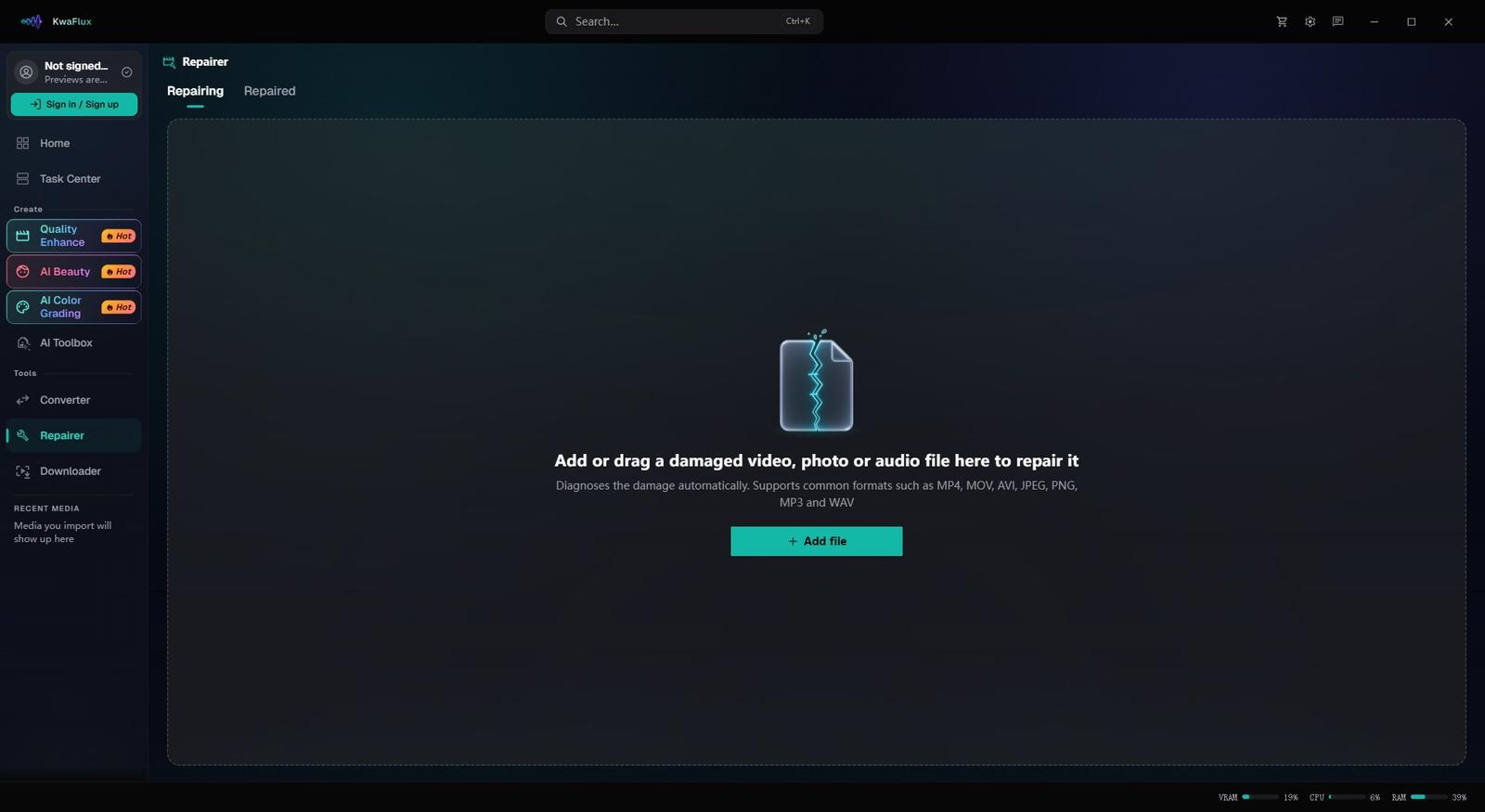 Repairer in KwaFlux before adding a file: drop in a damaged video, photo or audio file such as MP4, MOV, AVI, JPEG, PNG, MP3 or WAV
