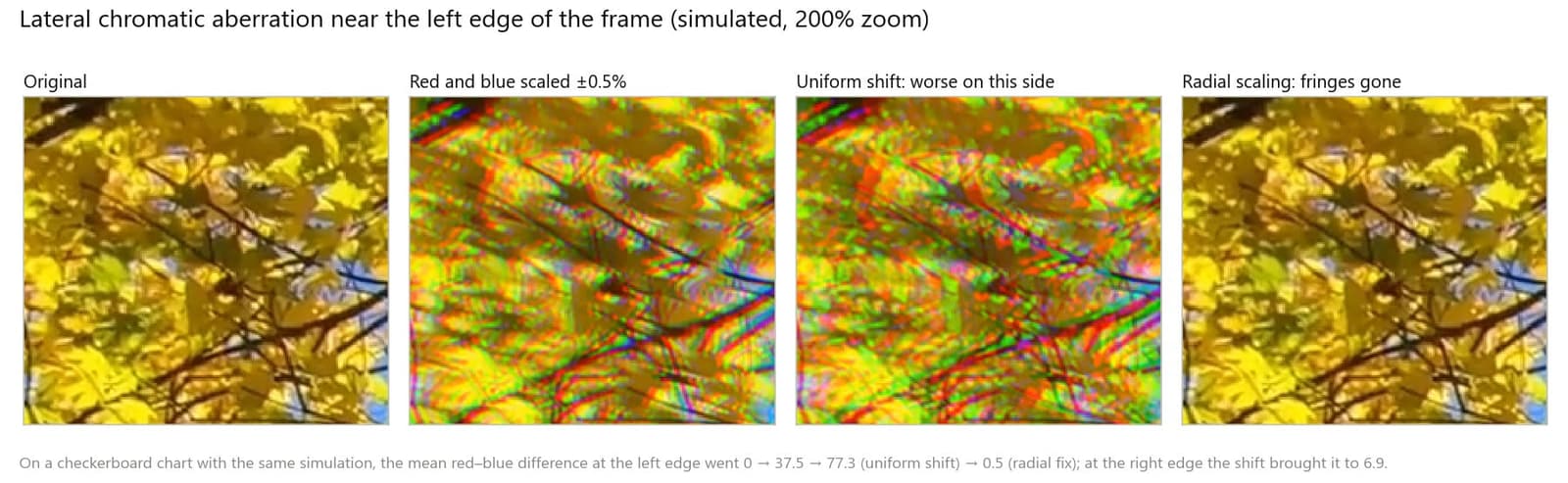 Ausschnitte nahe dem linken Rand des Blätterframes: Original, simulierte laterale Aberration, eine gleichmäßige Kanalverschiebung und die radiale Korrektur