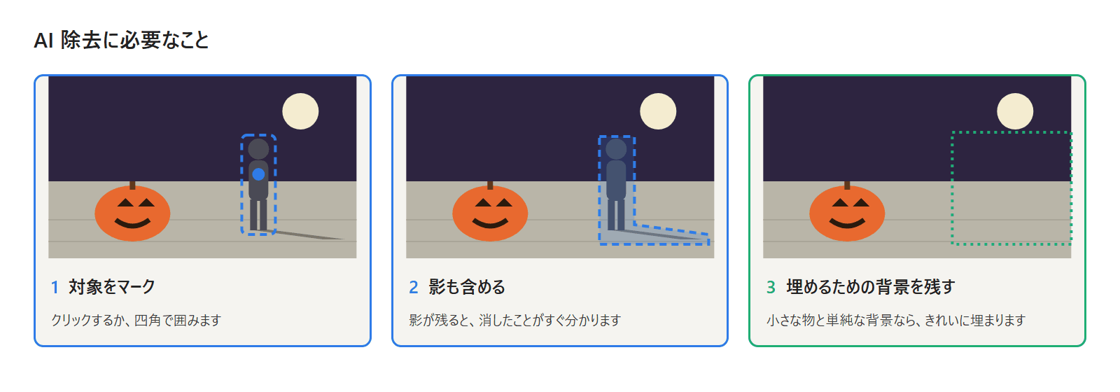 AI による除去に必要なもの：指定した物体、影まで含めたマスク、そして埋めるための十分なまわりの背景