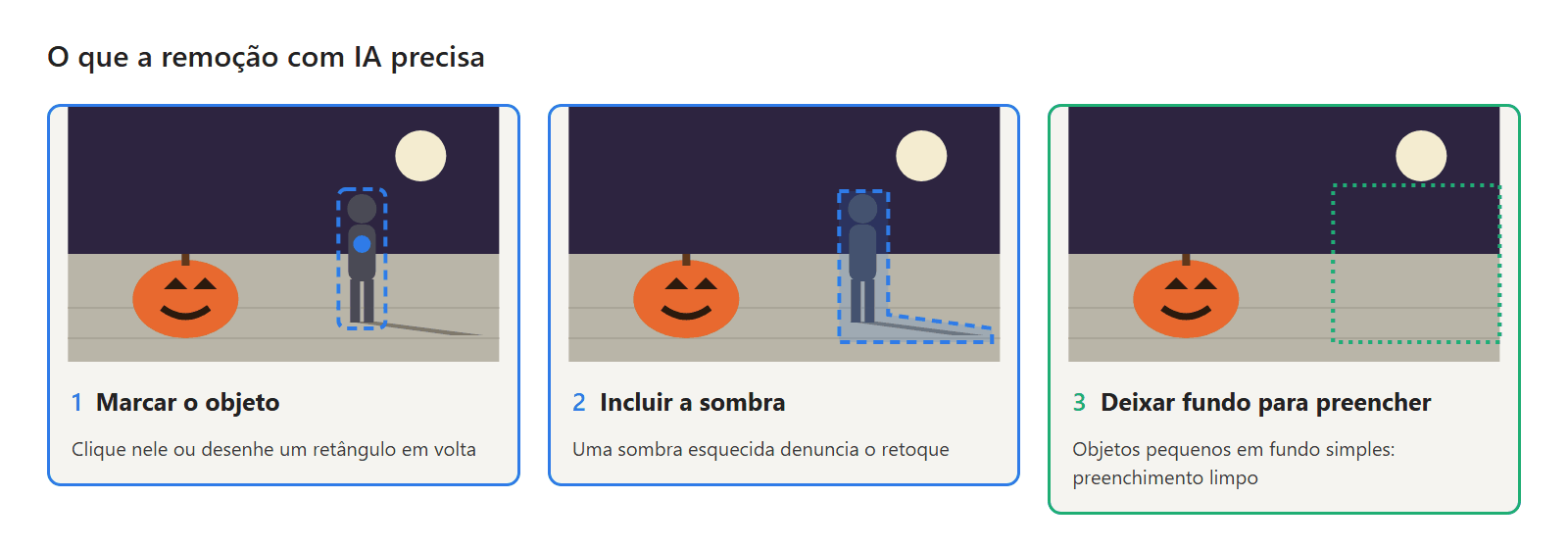 Do que a remoção com IA precisa: o objeto marcado, uma máscara que inclua a sombra dele e fundo suficiente em volta para preencher