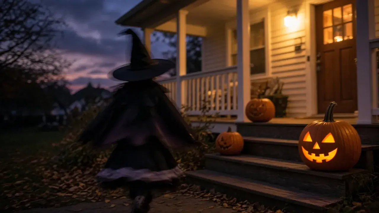 Illustration: a child in a witch costume running past a porch, smeared by motion blur while the porch stays sharp