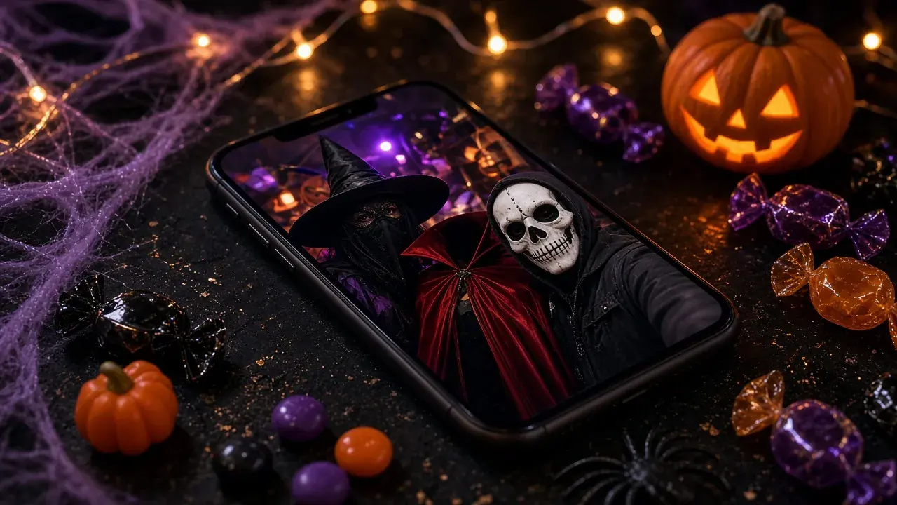 Ilustración: una foto de una fiesta de disfraces en un móvil, entre caramelos y una calabaza tallada