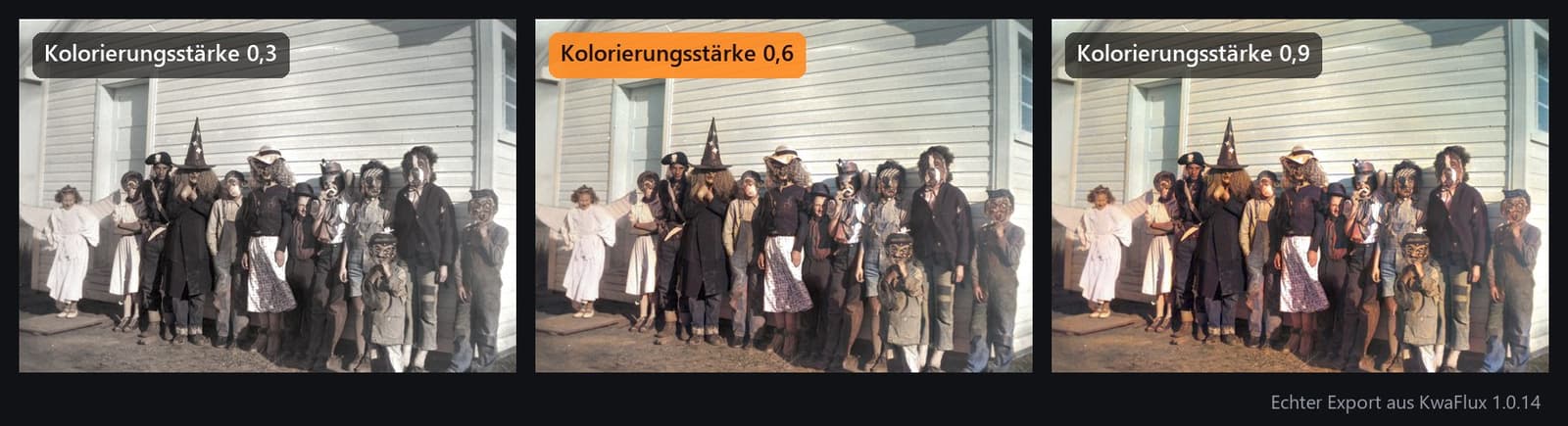 Dasselbe Kostümfoto von 1950, koloriert mit Stärke 0,3, 0,6 und 0,9