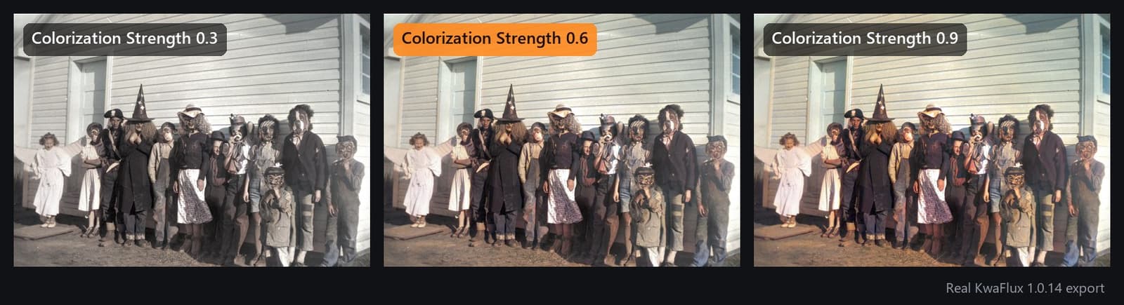 The same 1950 costume photo colorized at strength 0.3, 0.6, and 0.9