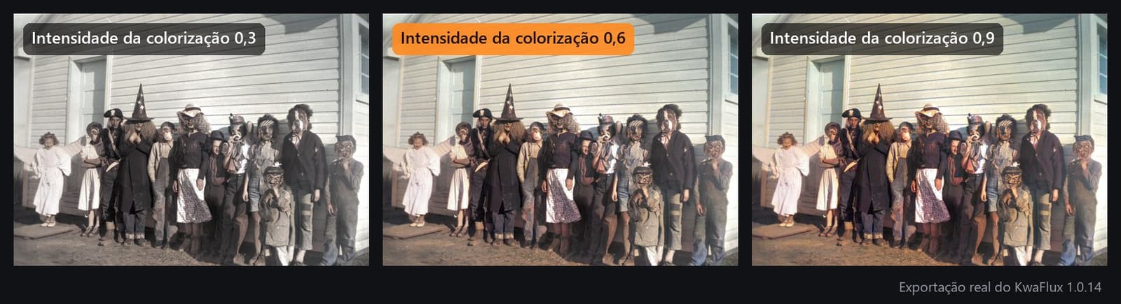 A mesma foto de fantasia de 1950 colorizada com intensidade 0,3; 0,6 e 0,9