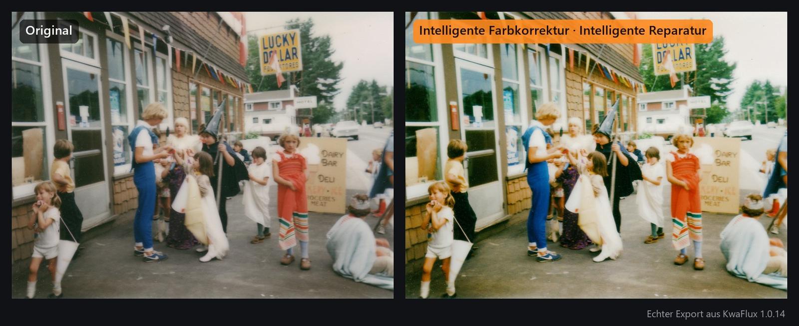 Ein verblasster Kostümumzug von 1984 vor einem Gemischtwarenladen, vor und nach Intelligenter Farbkorrektur und Intelligenter Reparatur