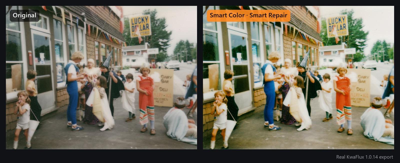 A faded 1984 costume parade outside a general store, before and after Smart Color and Smart Repair