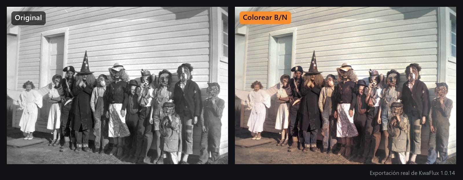 Niños disfrazados para Halloween hacia 1950, antes y después de la colorización