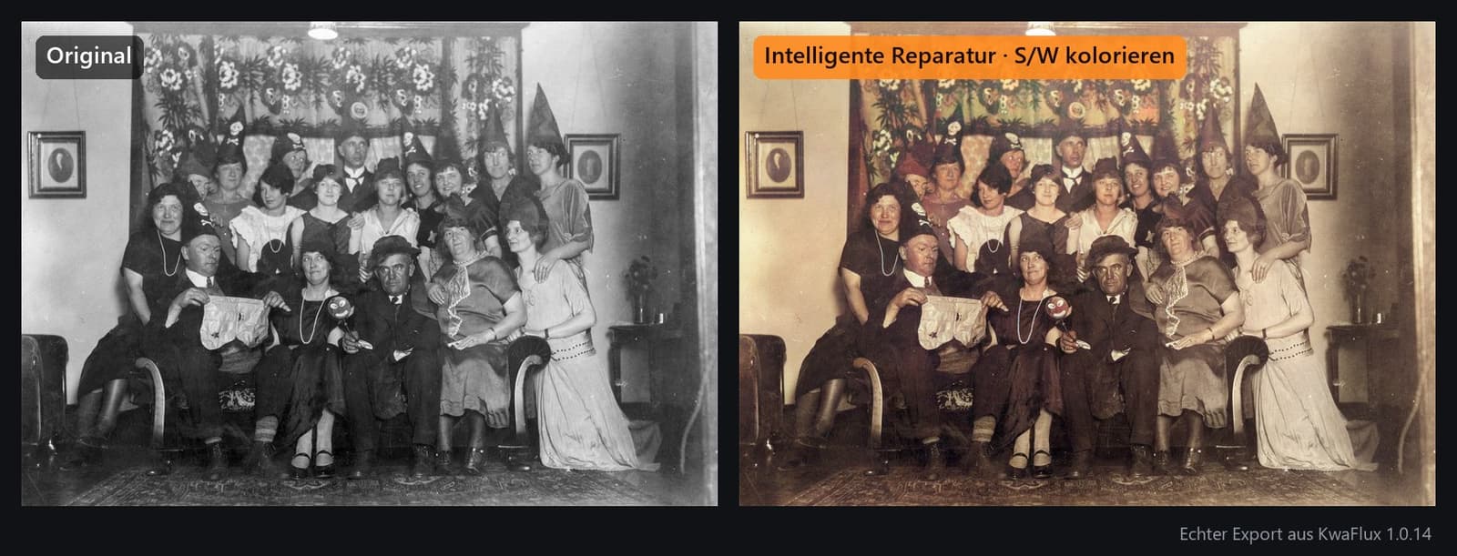 Dieselbe Party aus den 1920er-Jahren nach Intelligenter Reparatur und Kolorierung