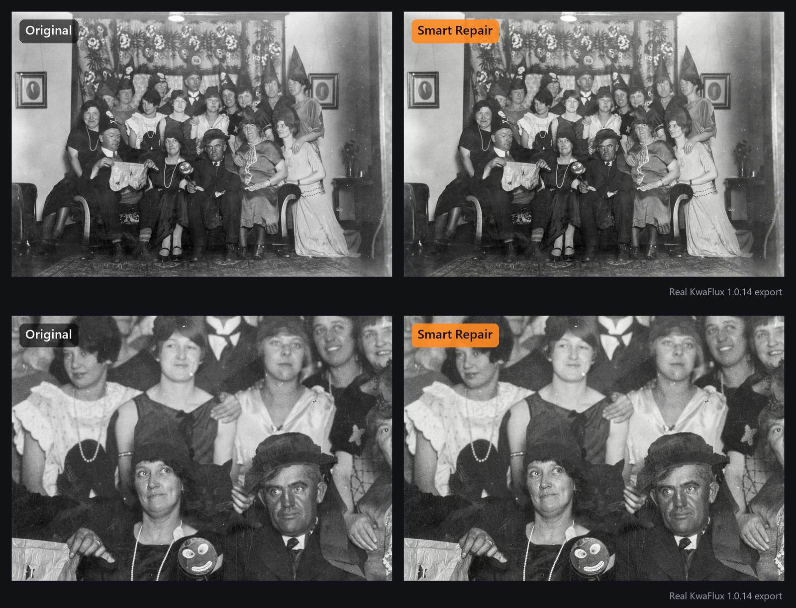A 1920s Halloween party in witch hats, before and after Smart Repair, with a detail crop
