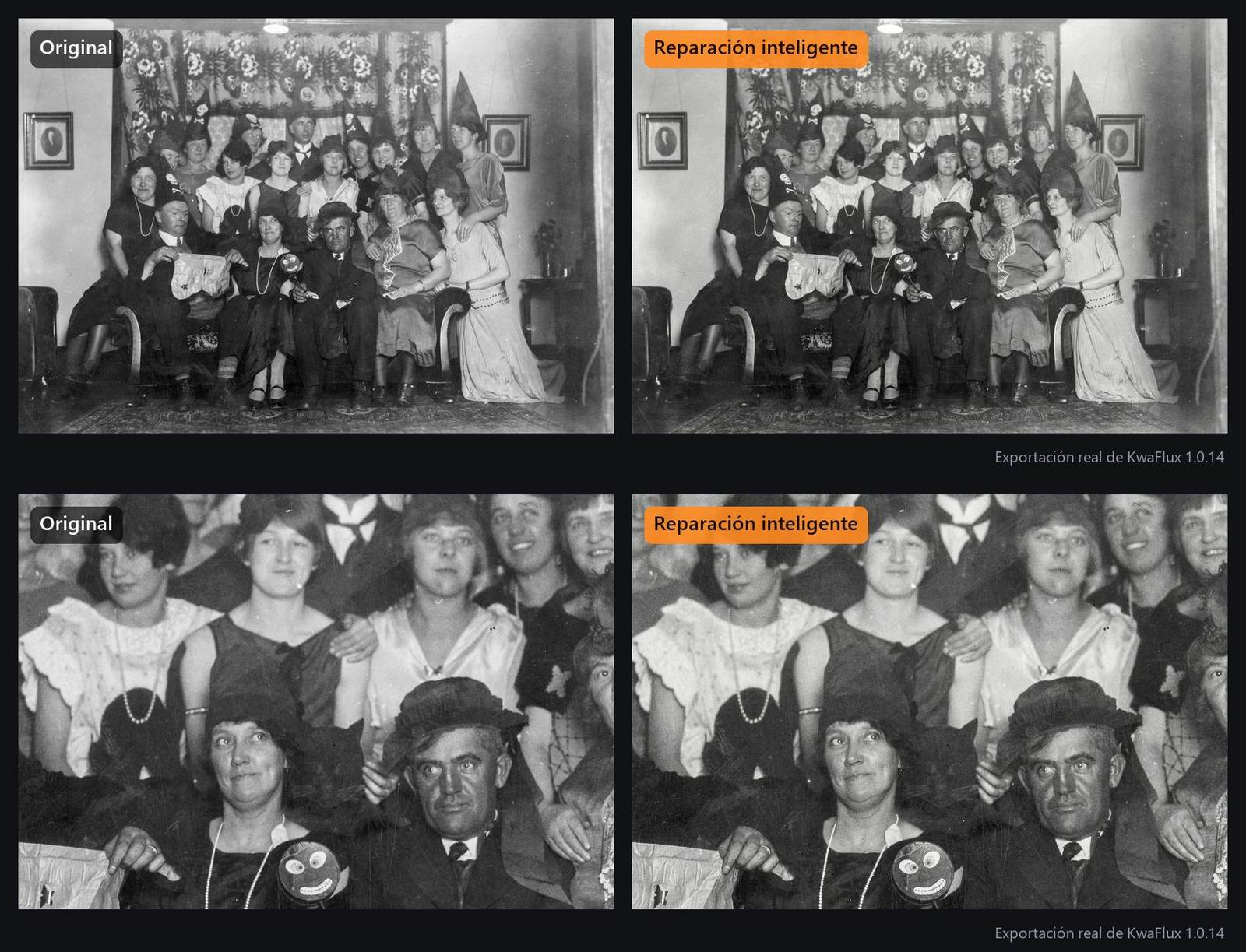 Una fiesta de Halloween de los años veinte con sombreros de bruja, antes y después de la Reparación inteligente, con un recorte de detalle