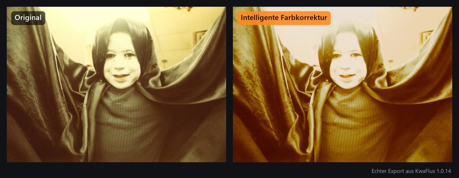 Ein vergilbtes Foto aus den 1980er-Jahren mit einem Kind im Umhang, vor und nach der Intelligenten Farbkorrektur