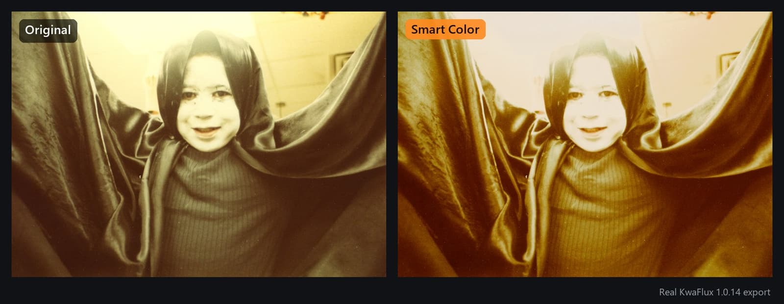 A yellowed 1980s photo of a child in a cape, before and after Smart Color