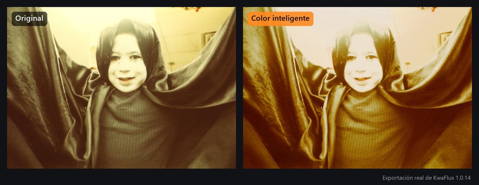 Una foto amarillenta de los años ochenta de un niño con capa, antes y después de Color inteligente