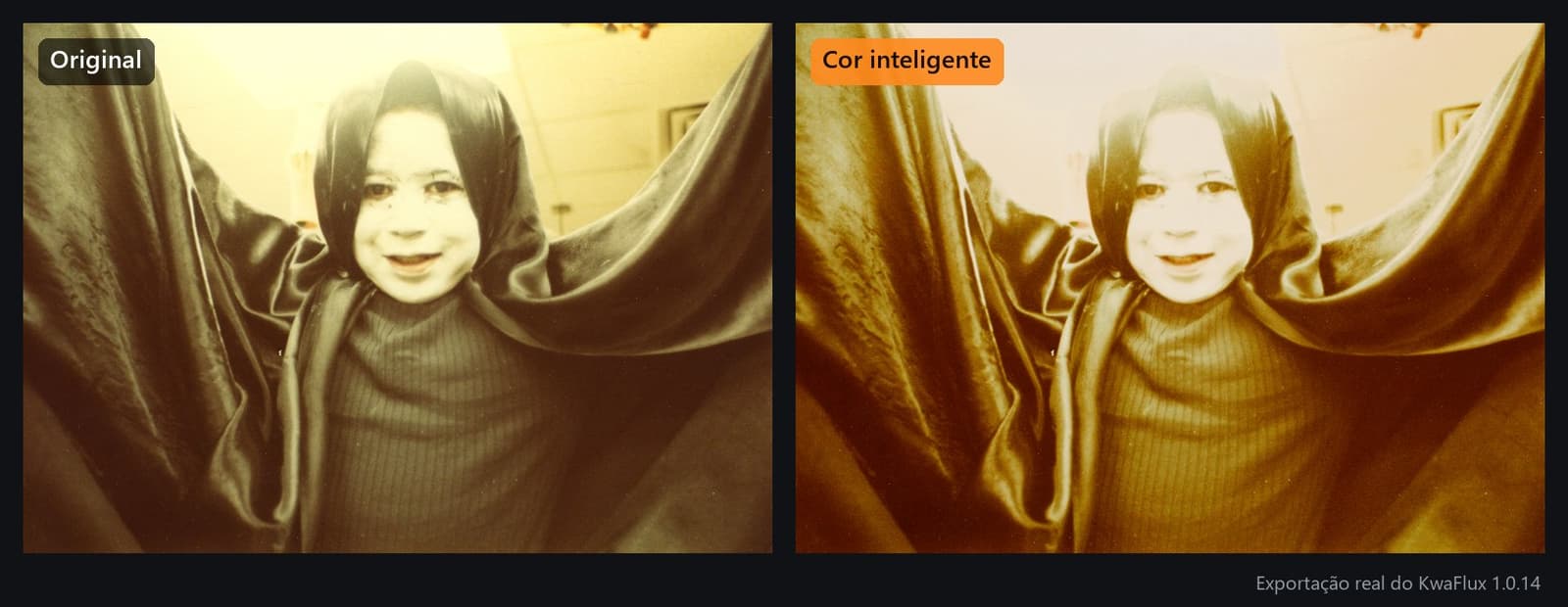 Uma foto amarelada dos anos 1980 de uma criança de capa, antes e depois da Cor inteligente
