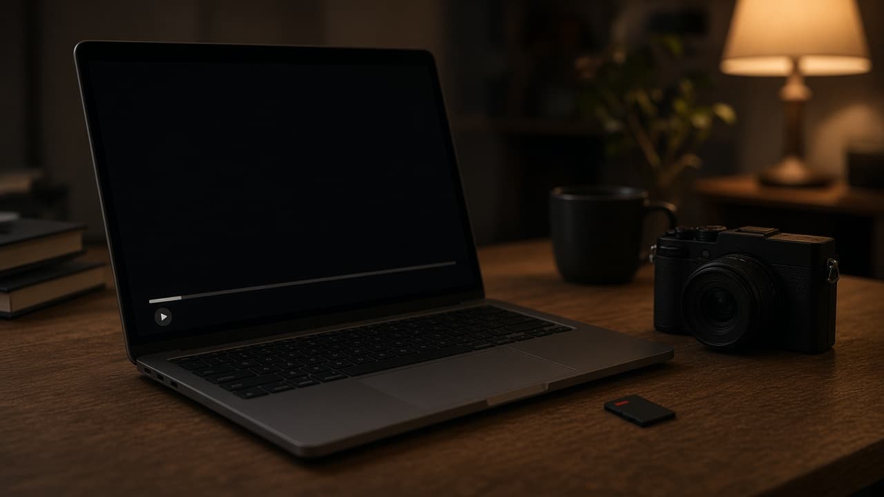 Ein Laptop bei Nacht, schwarzer Player mit stehendem Playhead, daneben SD-Karte und Kamera