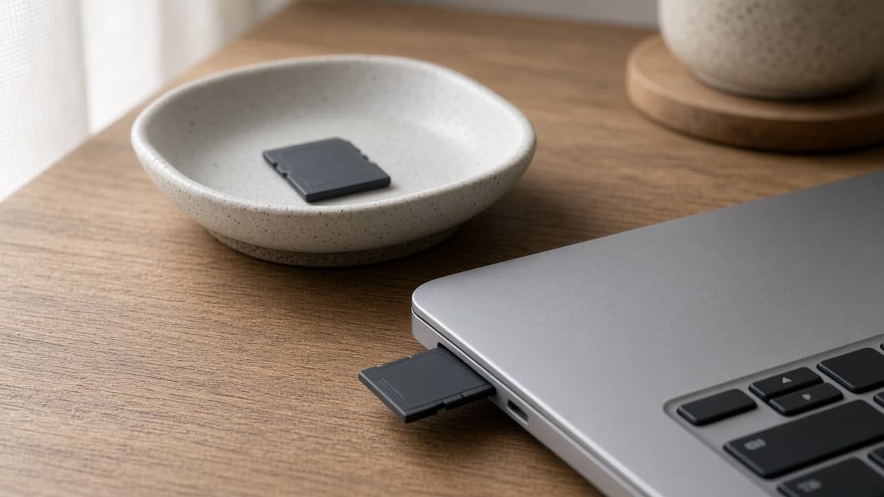 Eine SD-Karte in einer Schale beiseite, eine andere im Laptop