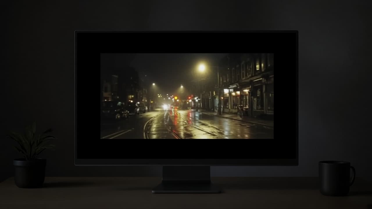 Ein Monitor mit einer Nachtstraße, weich, klein im Bild und leicht verwackelt
