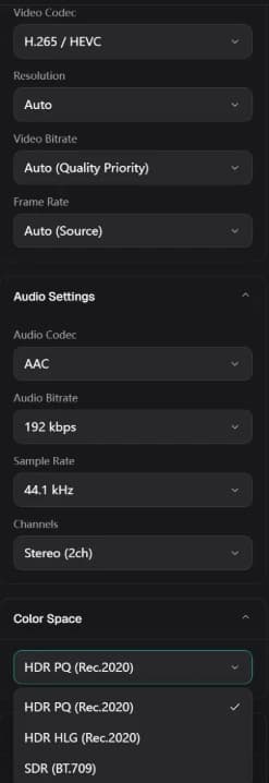 SDR to HDR export settings in KwaFlux: Video Codec H.265 / HEVC, and the Color Space list open with HDR PQ (Rec.2020) selected, HDR HLG (Rec.2020) and SDR (BT.709) below