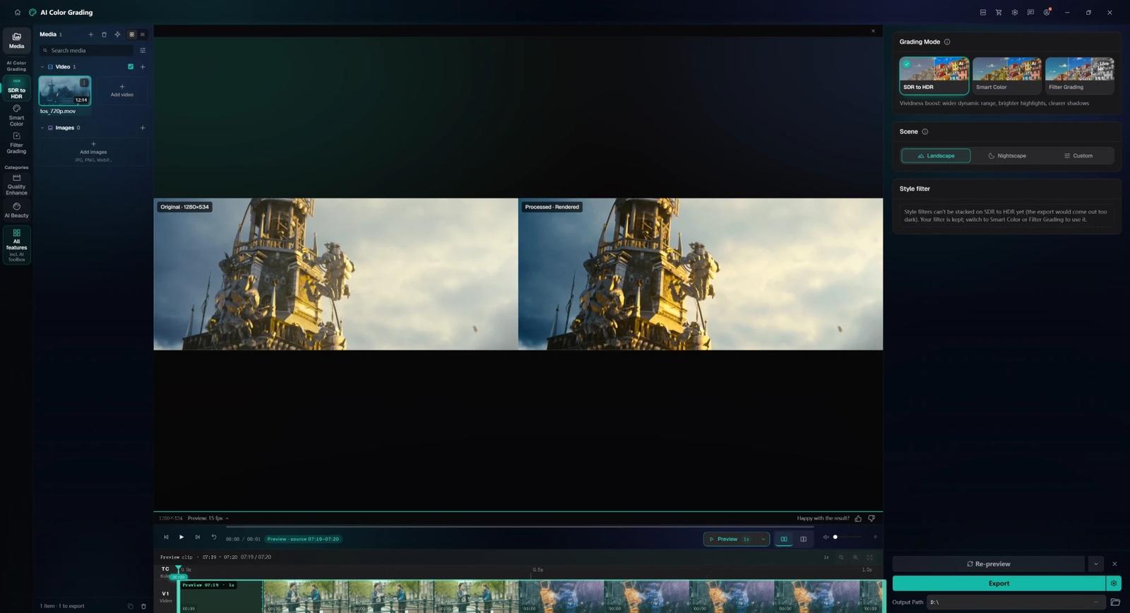 The AI Color Grading workspace in KwaFlux: Grading Mode SDR to HDR, Scene Landscape, original and processed preview side by side