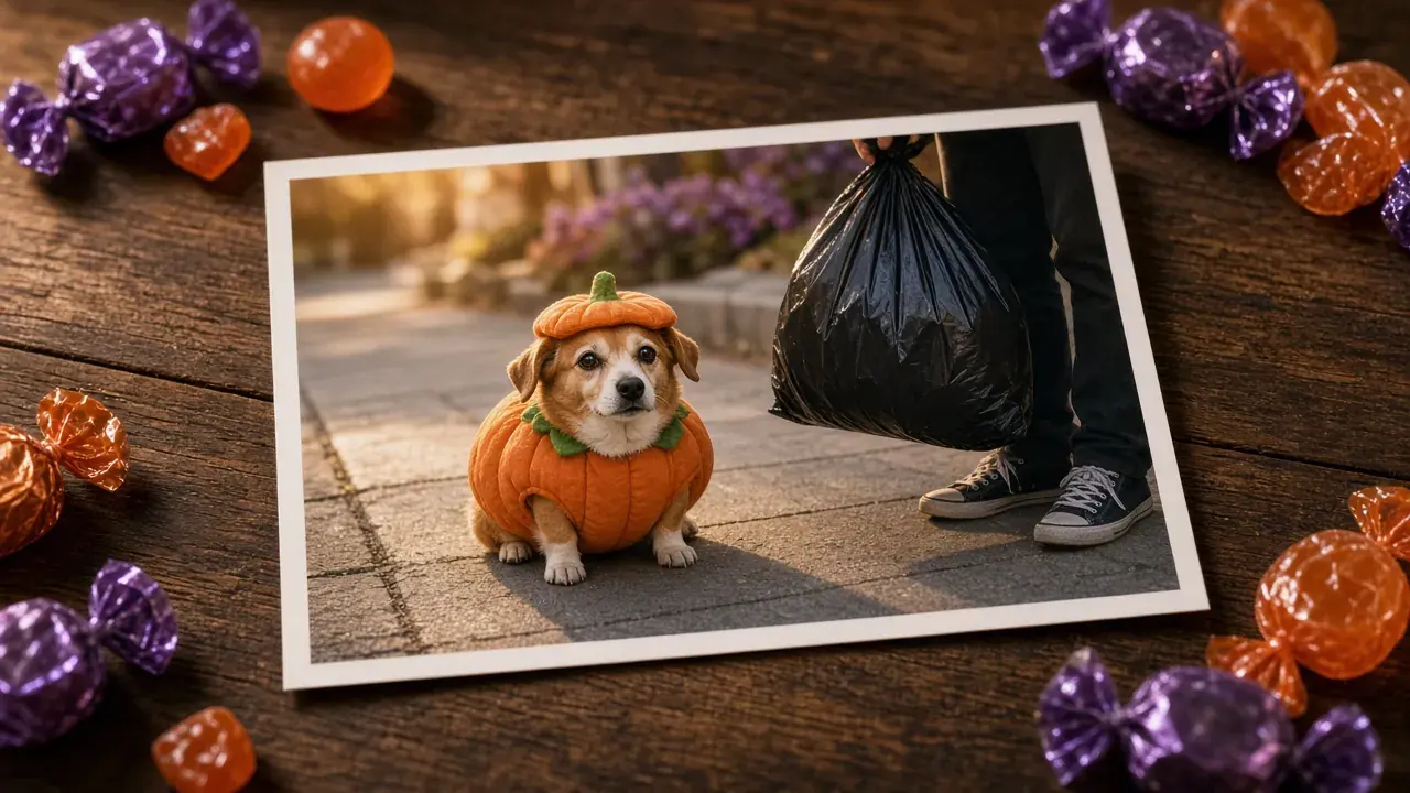 Illustration: a Halloween photo of a dog in a pumpkin costume, with a passer-by's legs and a trash bag cutting into the edge