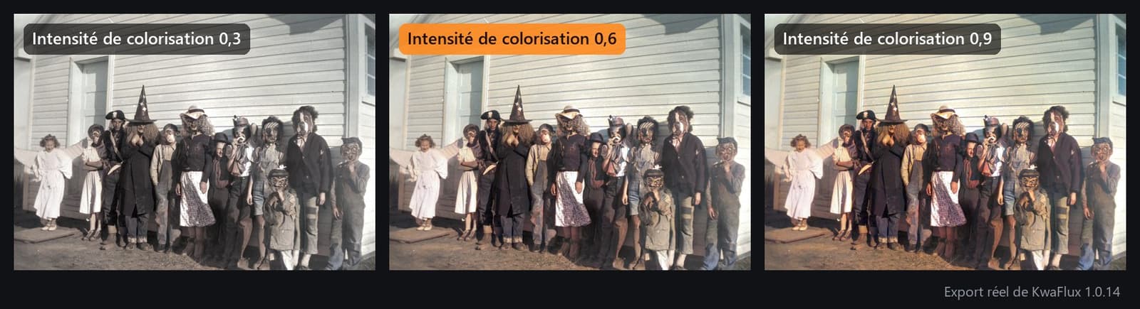 La même photo de déguisements de 1950 colorisée à une intensité de 0,3, 0,6 et 0,9