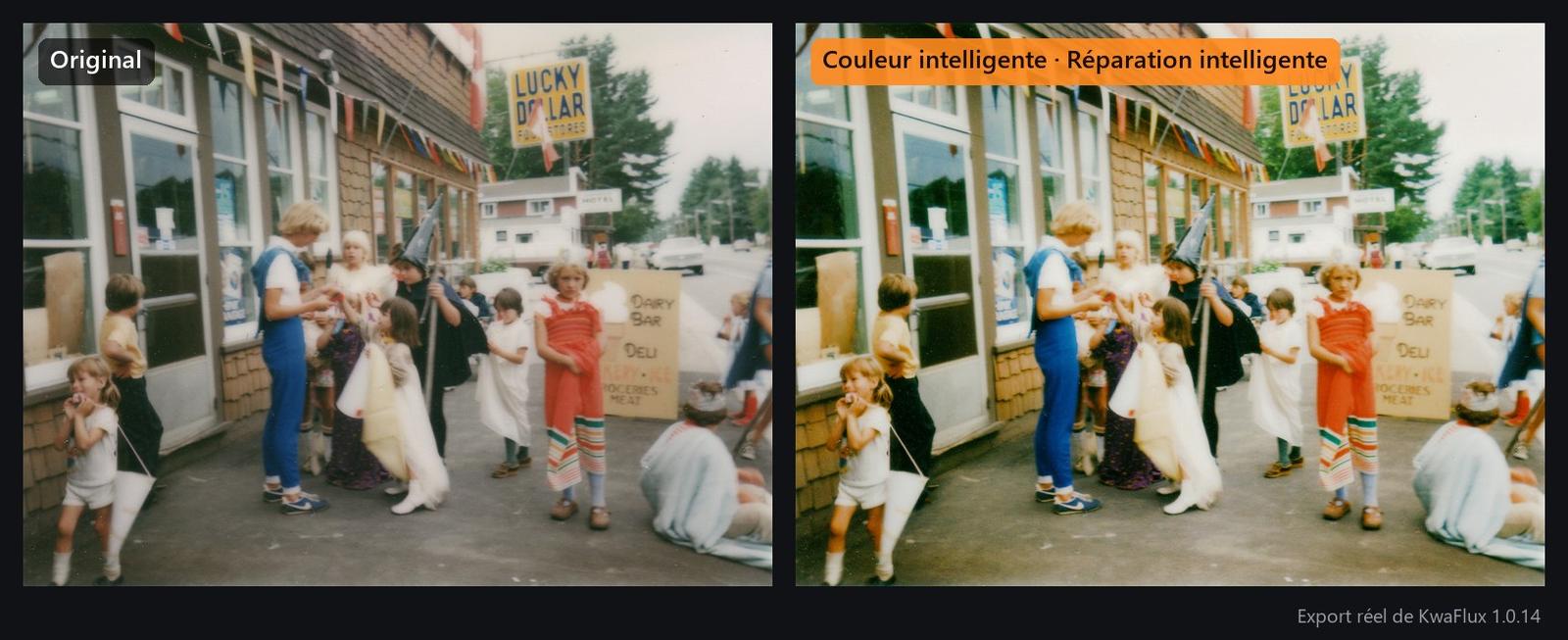 Un défilé de déguisements de 1984 aux couleurs délavées, devant un magasin général, avant et après Couleur intelligente et Réparation intelligente