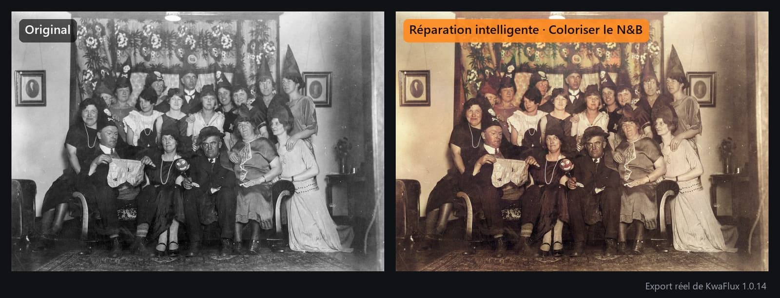 La même fête des années 1920 après Réparation intelligente et colorisation