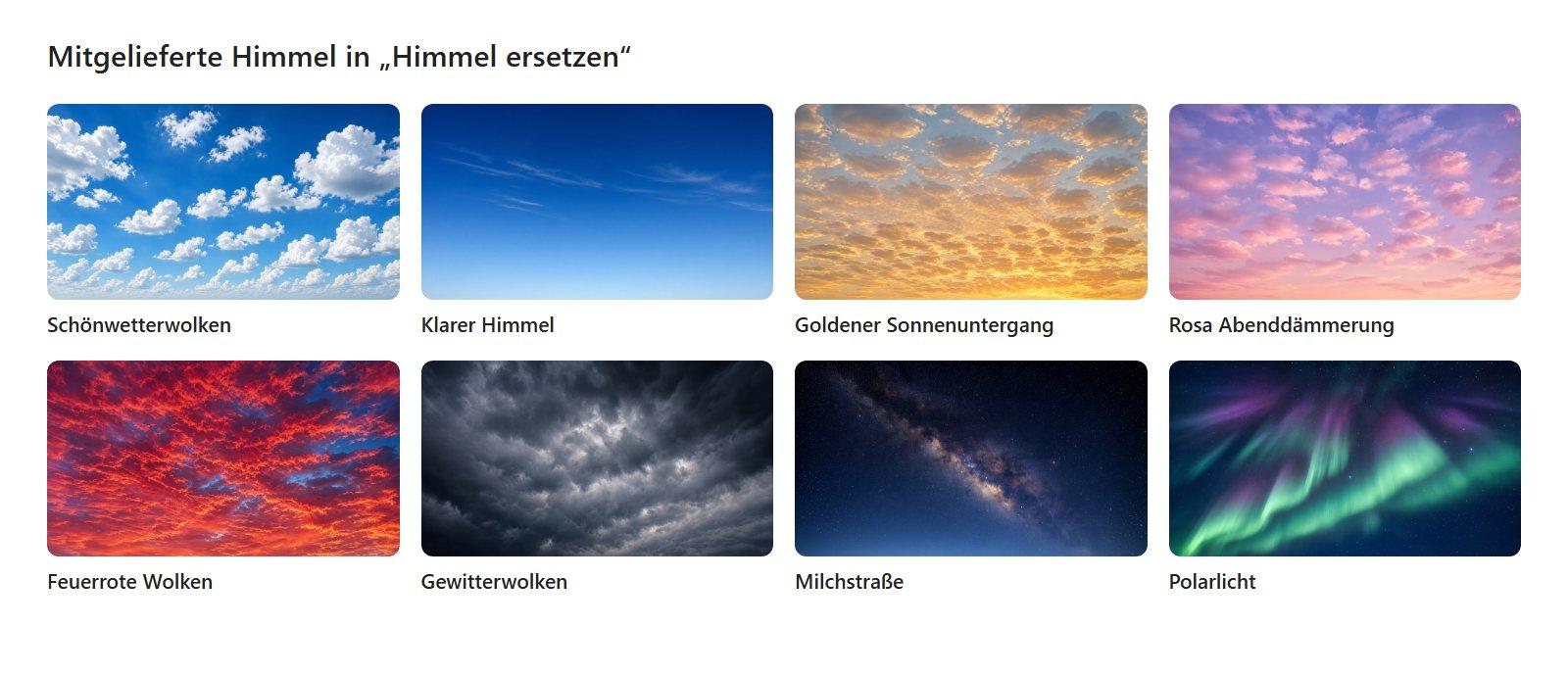 Die acht mitgelieferten Himmel in „Himmel ersetzen“ von KwaFlux, von Schönwetterwolken bis Polarlicht