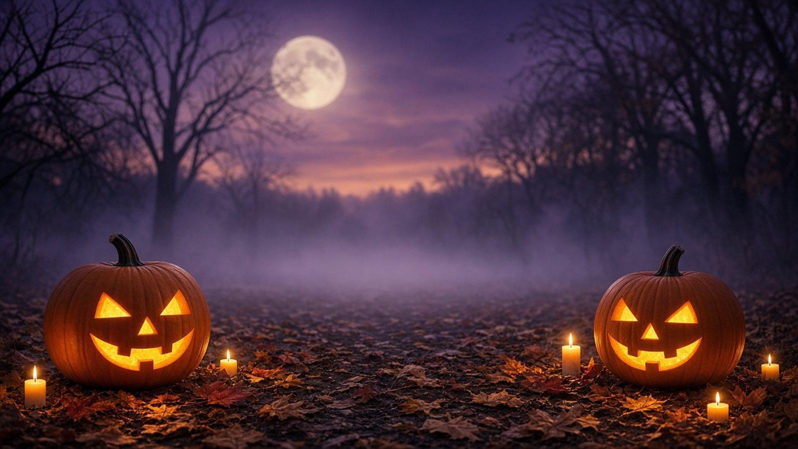The built-in Halloween night background in KwaFlux: a full moon over a misty forest with two jack-o'-lanterns