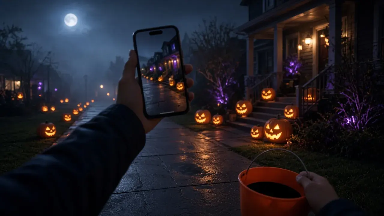 Illustration: filming a trick-or-treat walk with one hand while the other carries a candy bucket