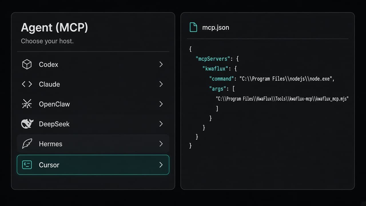 Diagram:Settings › Agent (MCP) with Cursor selected under MCP host and the config snippet shown