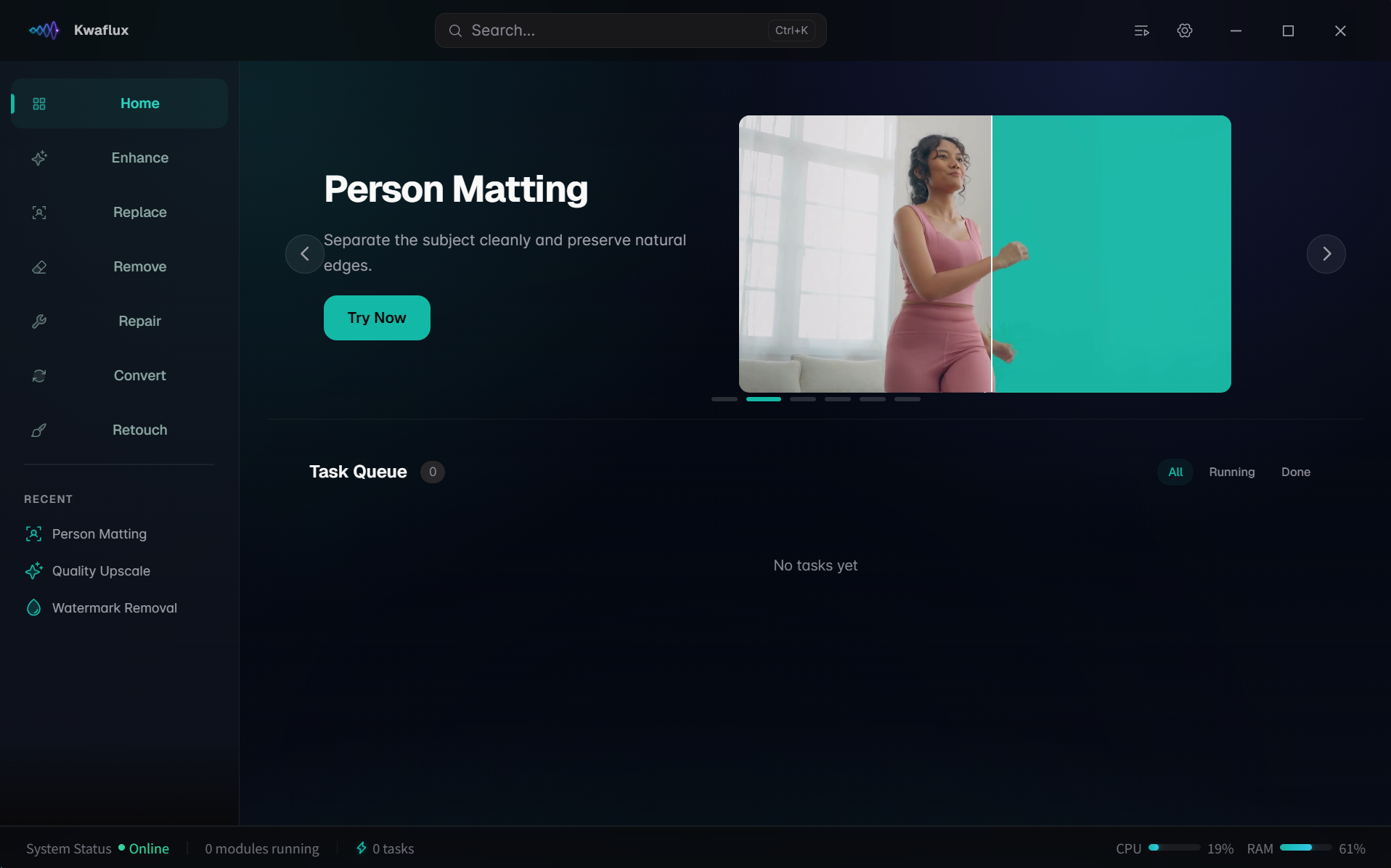 Kwaflux desktop application — dashboard with all enhancement modules